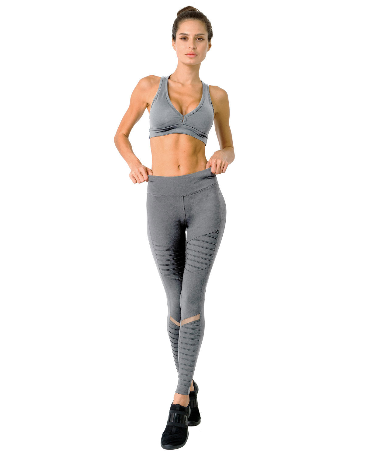 Athletique Low-Waisted Ribbed Leggings With Hidden Pocket and Mesh Panels - Grey