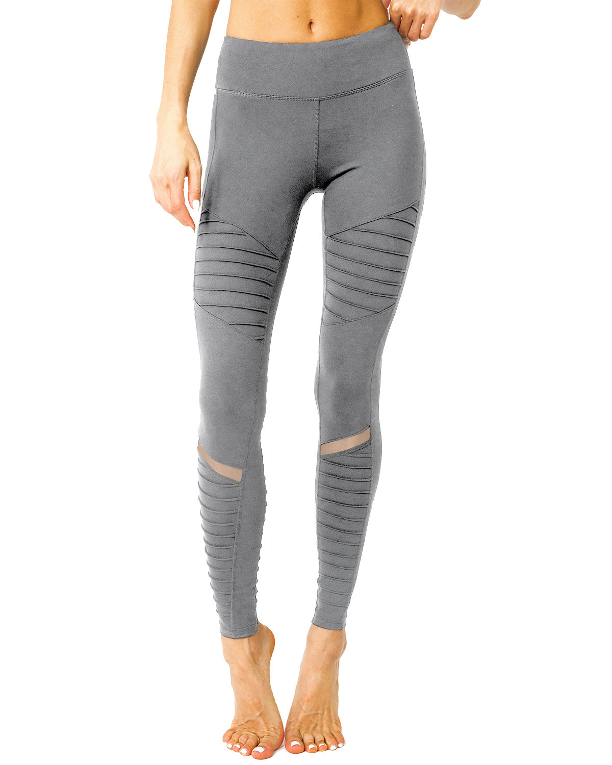 Athletique Low-Waisted Ribbed Leggings With Hidden Pocket and Mesh Panels - Grey